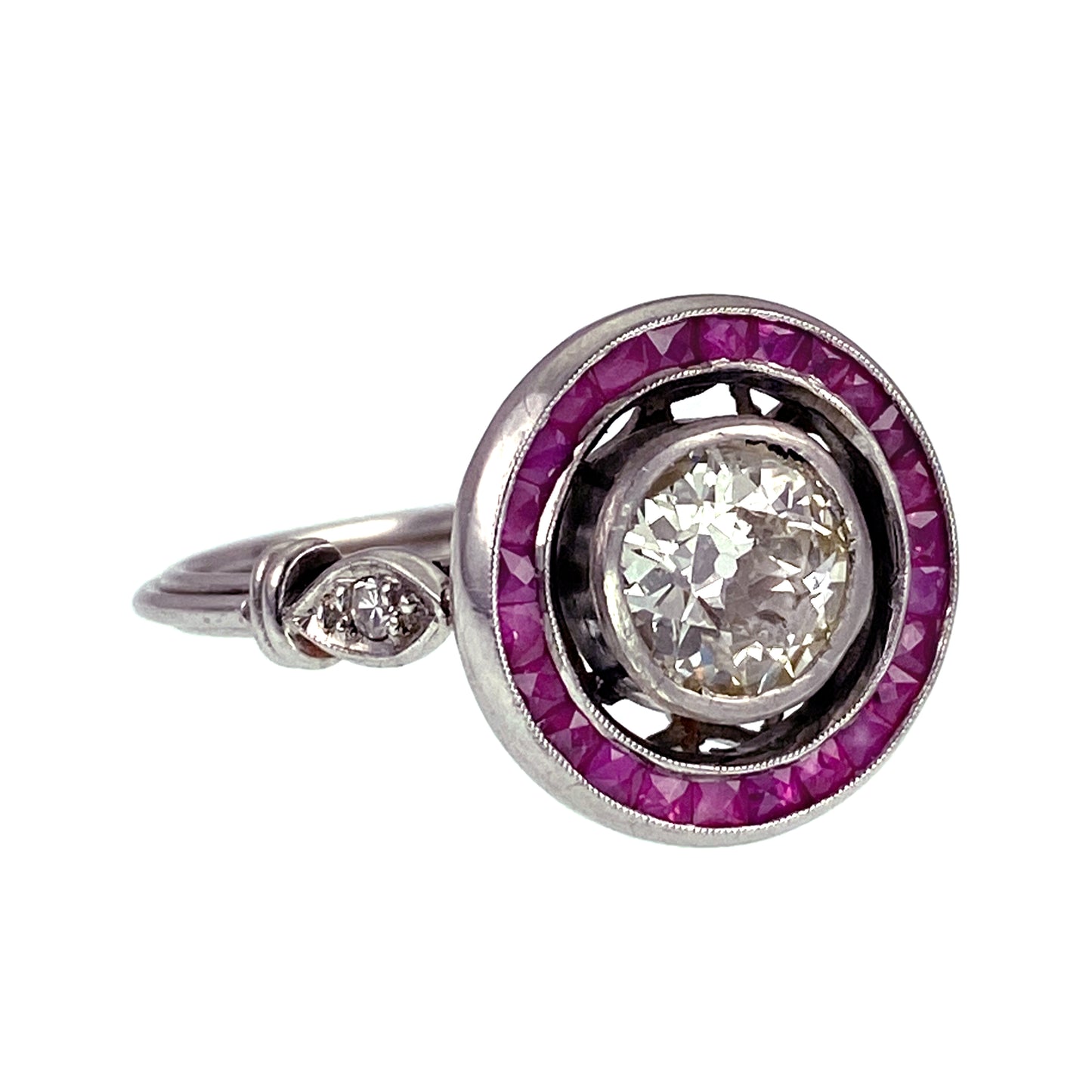 SOLD Late Deco Platinum, Diamond & Ruby Target Ring