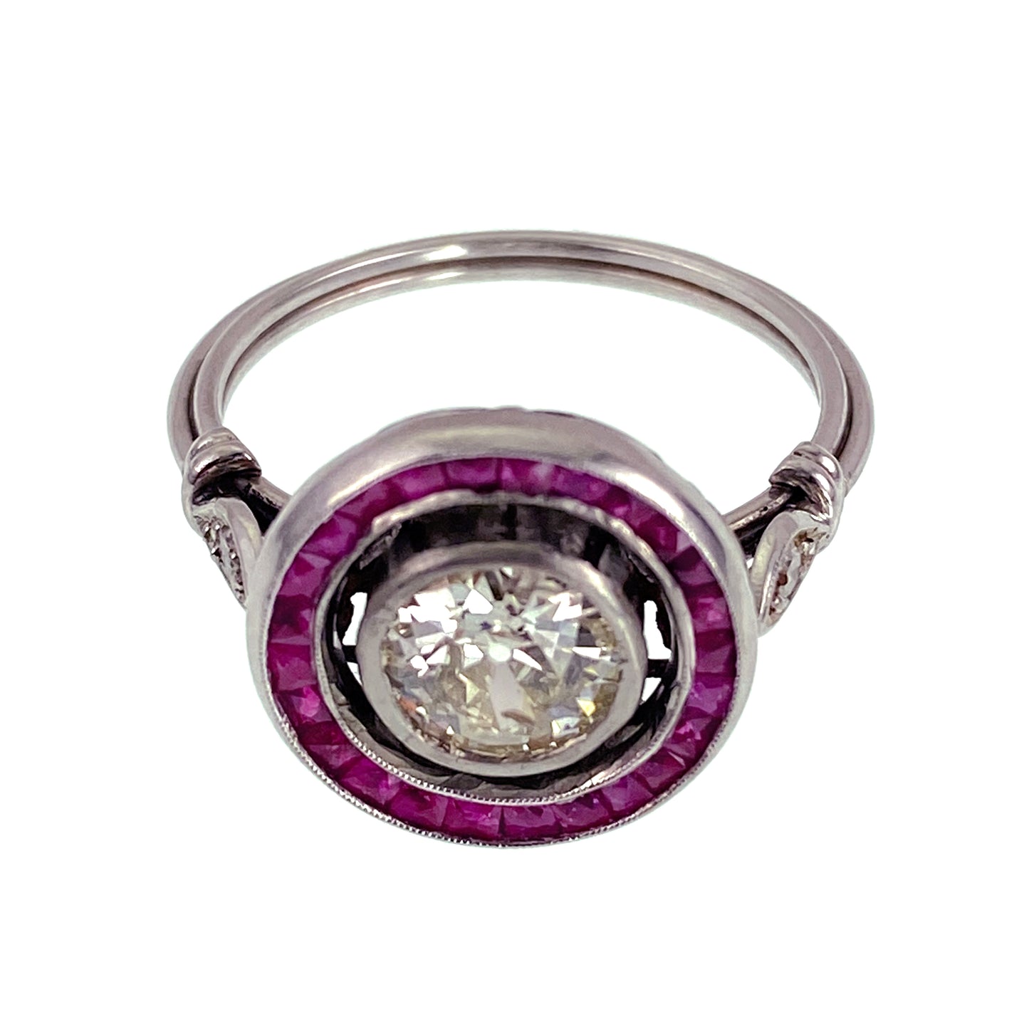 SOLD Late Deco Platinum, Diamond & Ruby Target Ring