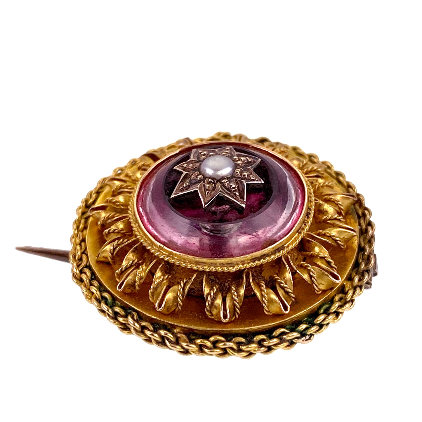 SOLD Antique Archeological Revival 15K, Foiled Quartz & Pearl Mourning Brooch