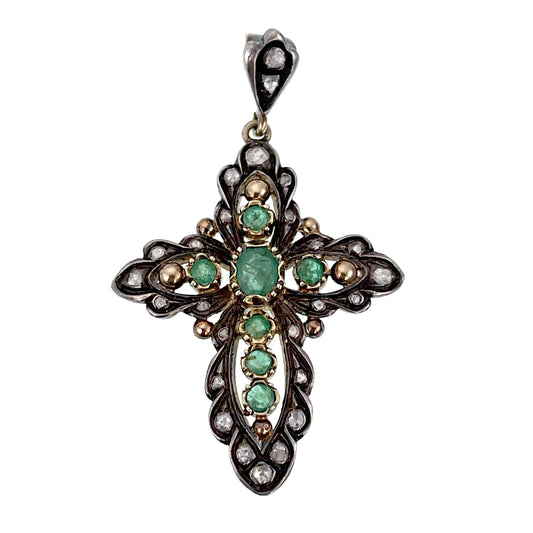 SOLD Antique 18K, Silver, Diamond & Emerald Cross Pendant K