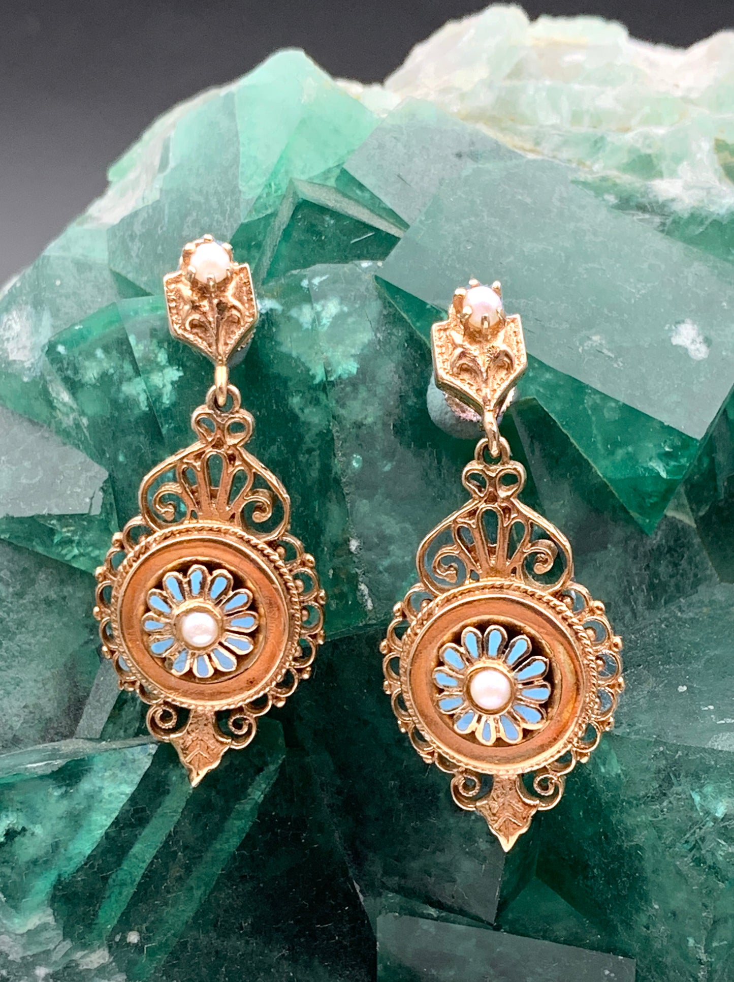 Antique Italian 14K, Pearl & Enamel Earrings
