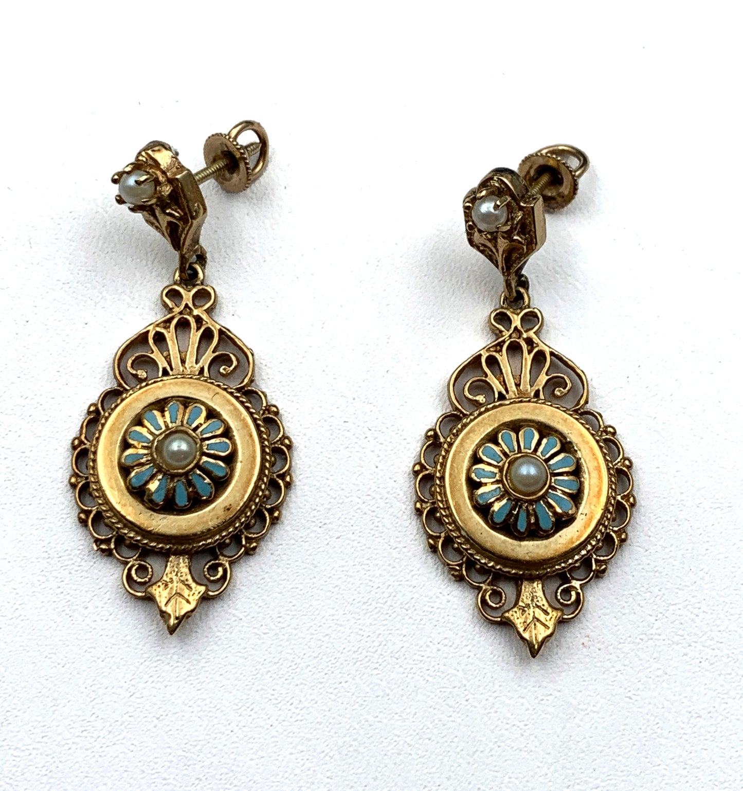 Antique Italian 14K, Pearl & Enamel Earrings