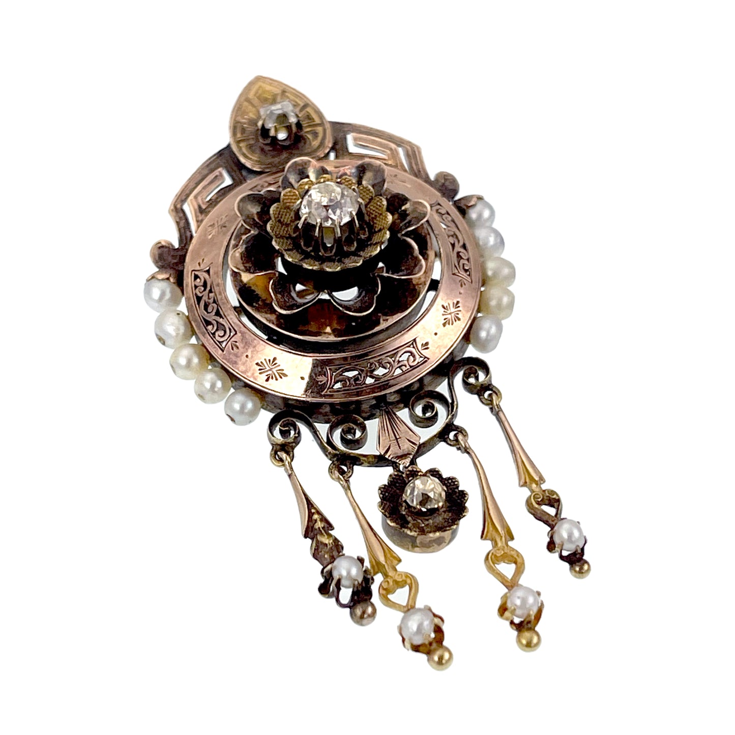 Antique Victorian 18K, Diamond & Pearl Dangler Brooch K