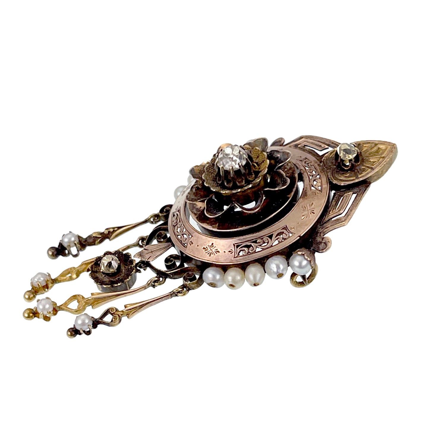 Antique Victorian 18K, Diamond & Pearl Dangler Brooch K