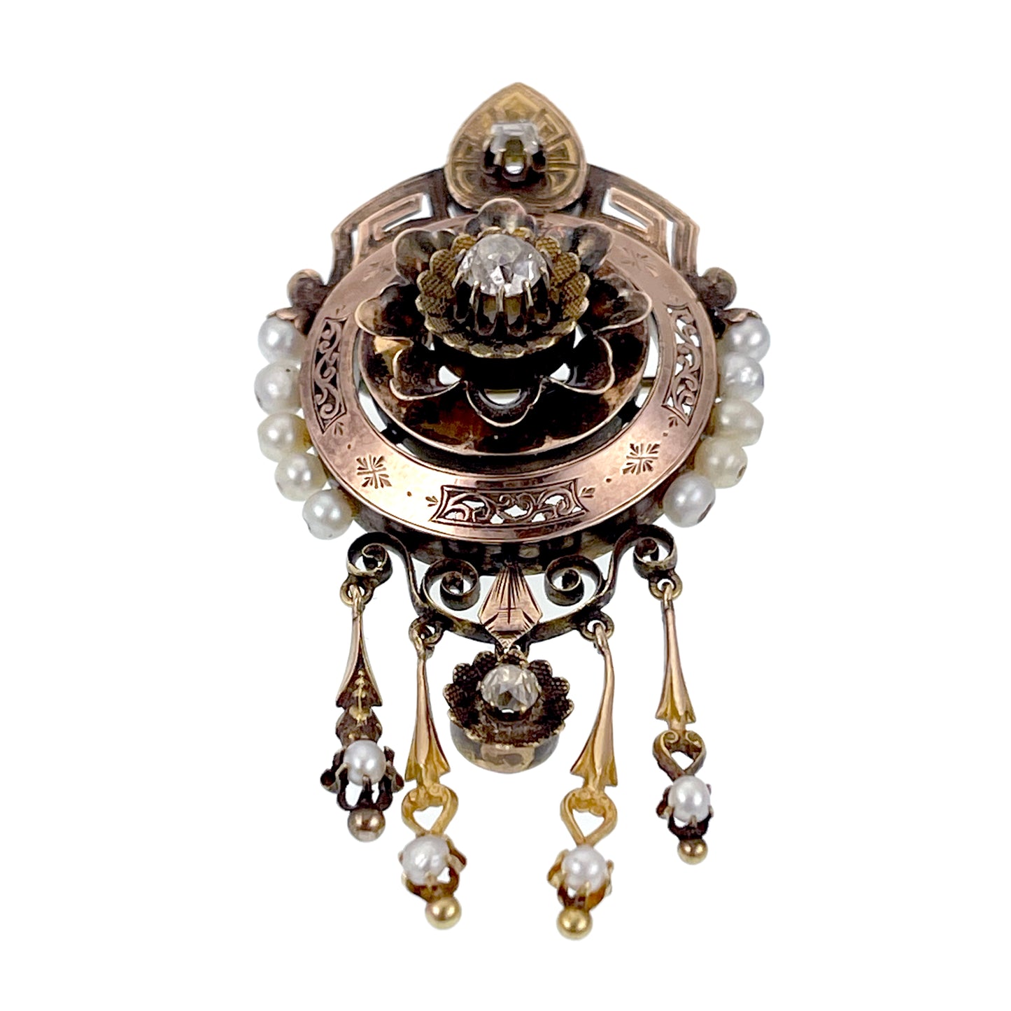 Antique Victorian 18K, Diamond & Pearl Dangler Brooch K