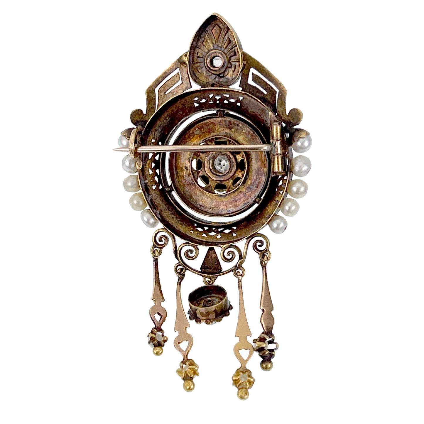 Antique Victorian 18K, Diamond & Pearl Dangler Brooch K