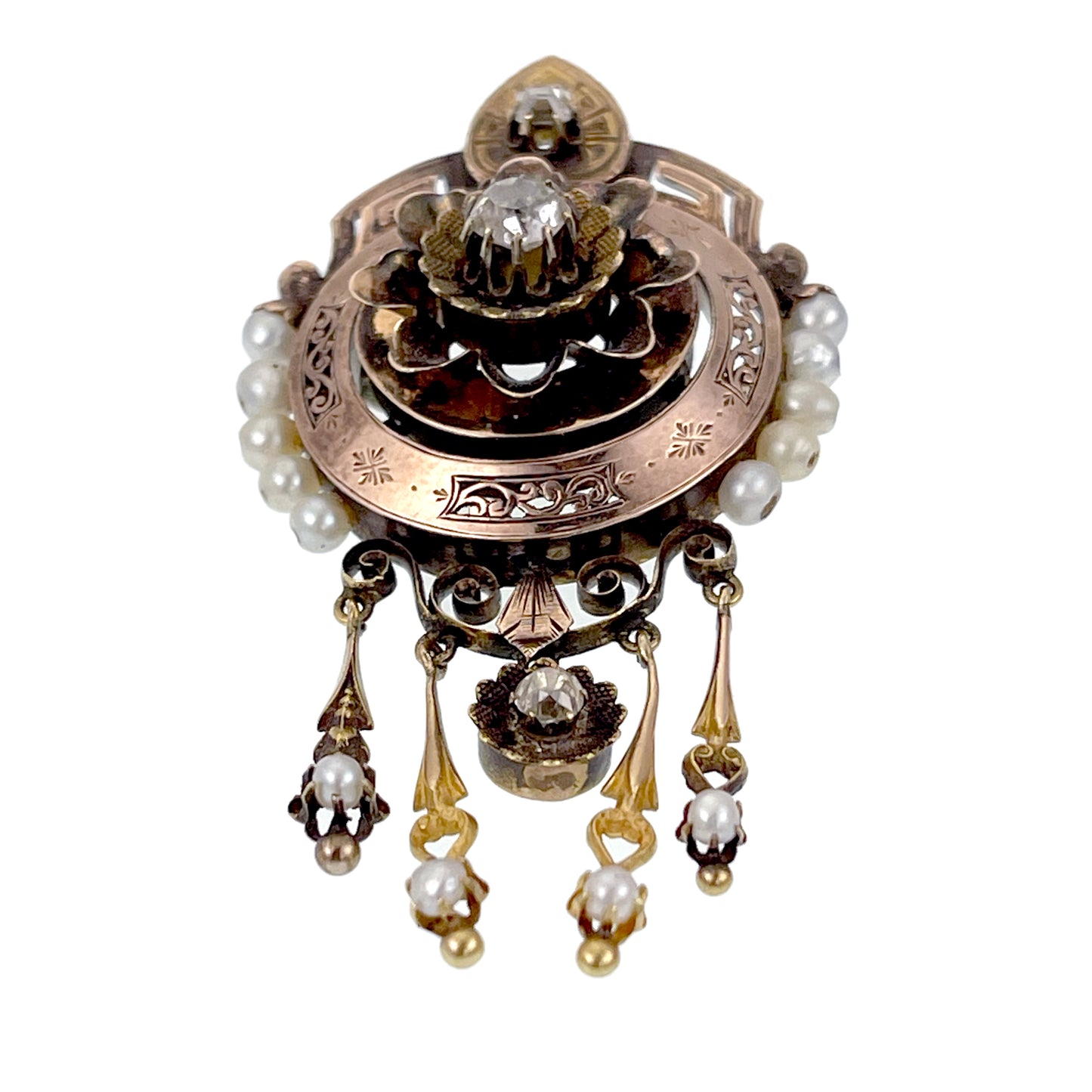 Antique Victorian 18K, Diamond & Pearl Dangler Brooch K