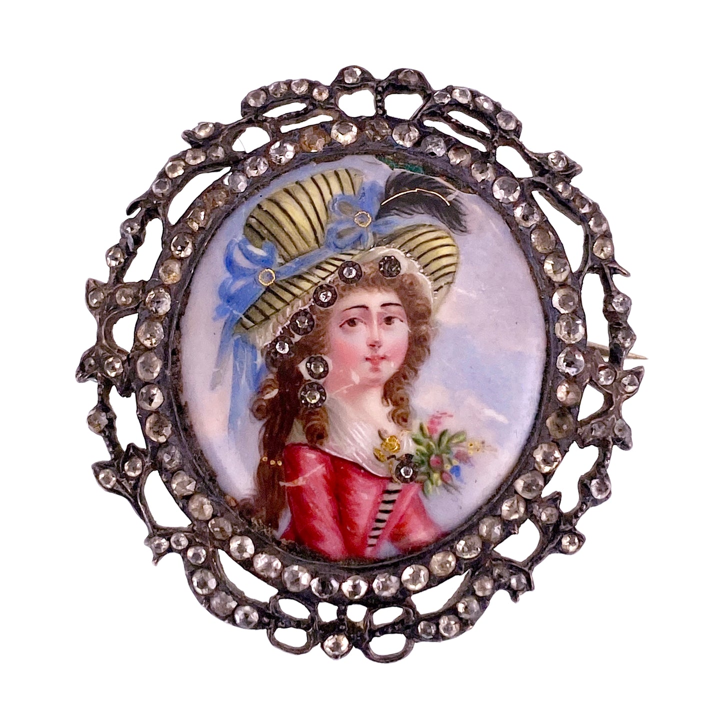 SOLD Antique French Silver, Rock Crystal & Painted Enamel Portrait Brooch