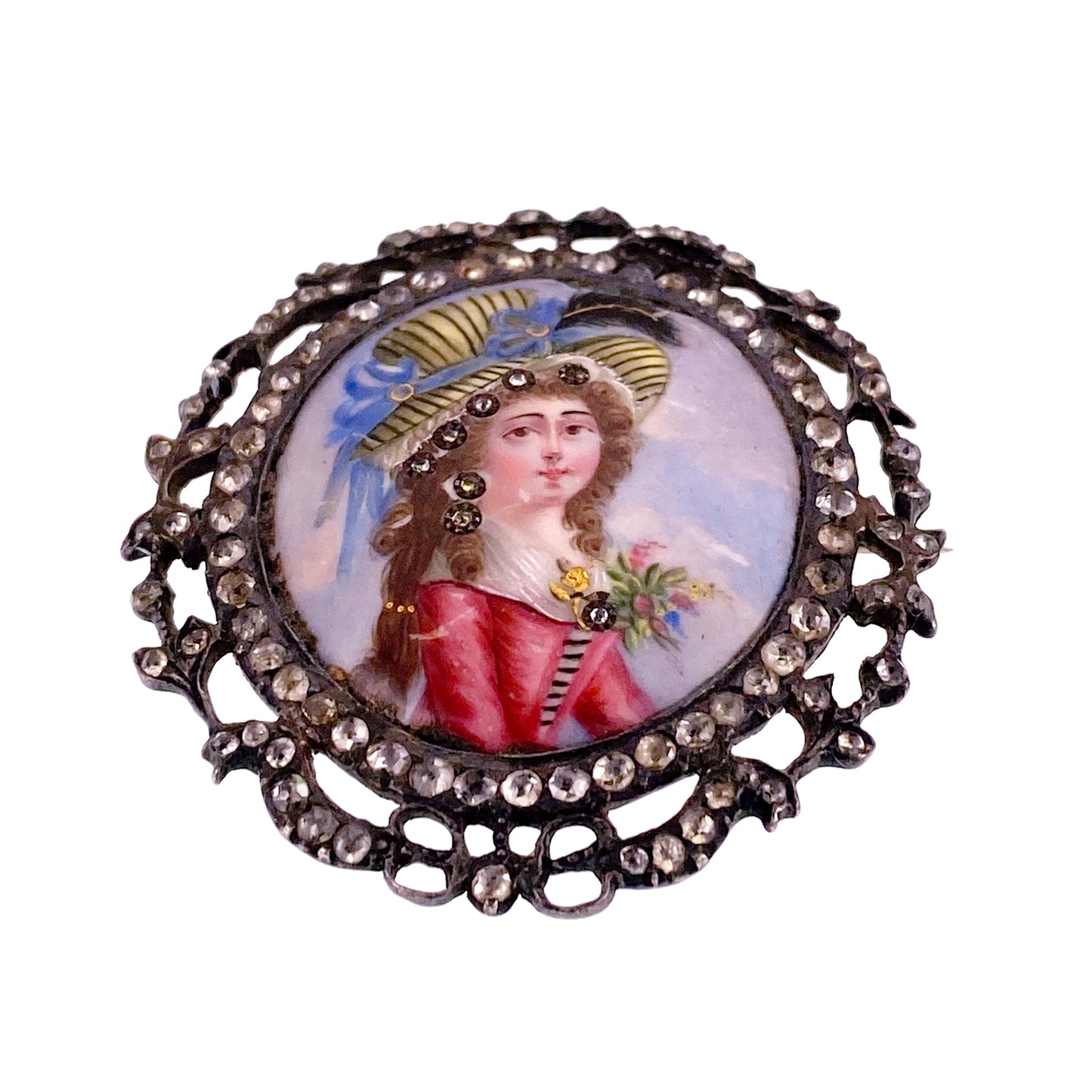 SOLD Antique French Silver, Rock Crystal & Painted Enamel Portrait Brooch