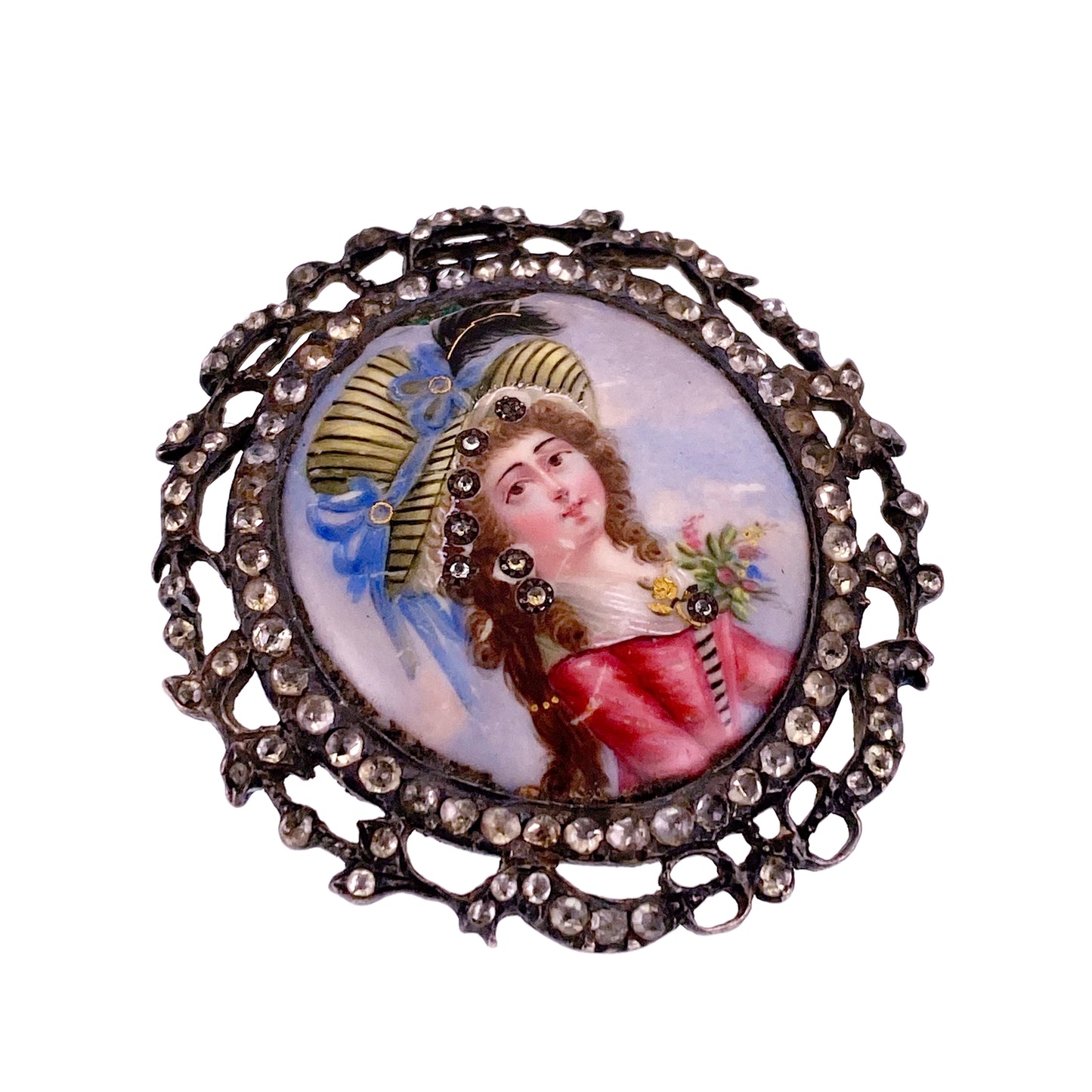 SOLD Antique French Silver, Rock Crystal & Painted Enamel Portrait Brooch