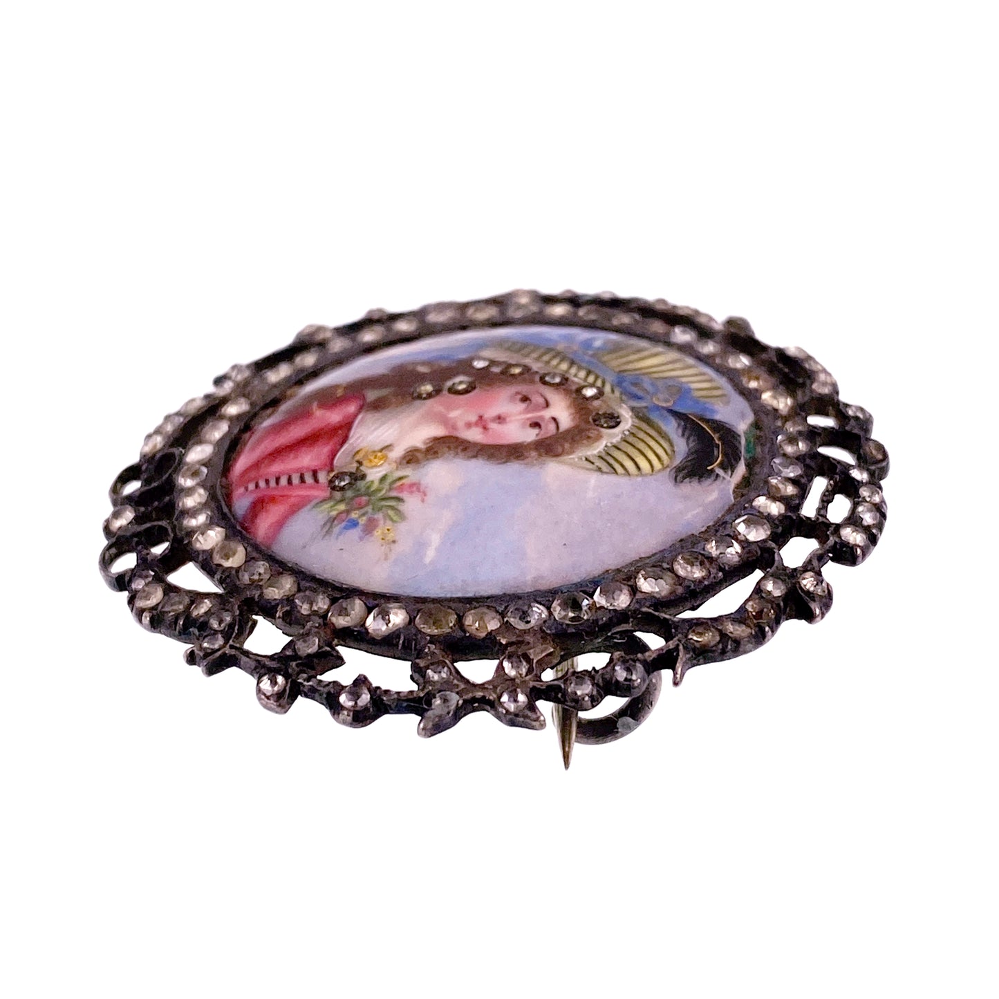 SOLD Antique French Silver, Rock Crystal & Painted Enamel Portrait Brooch
