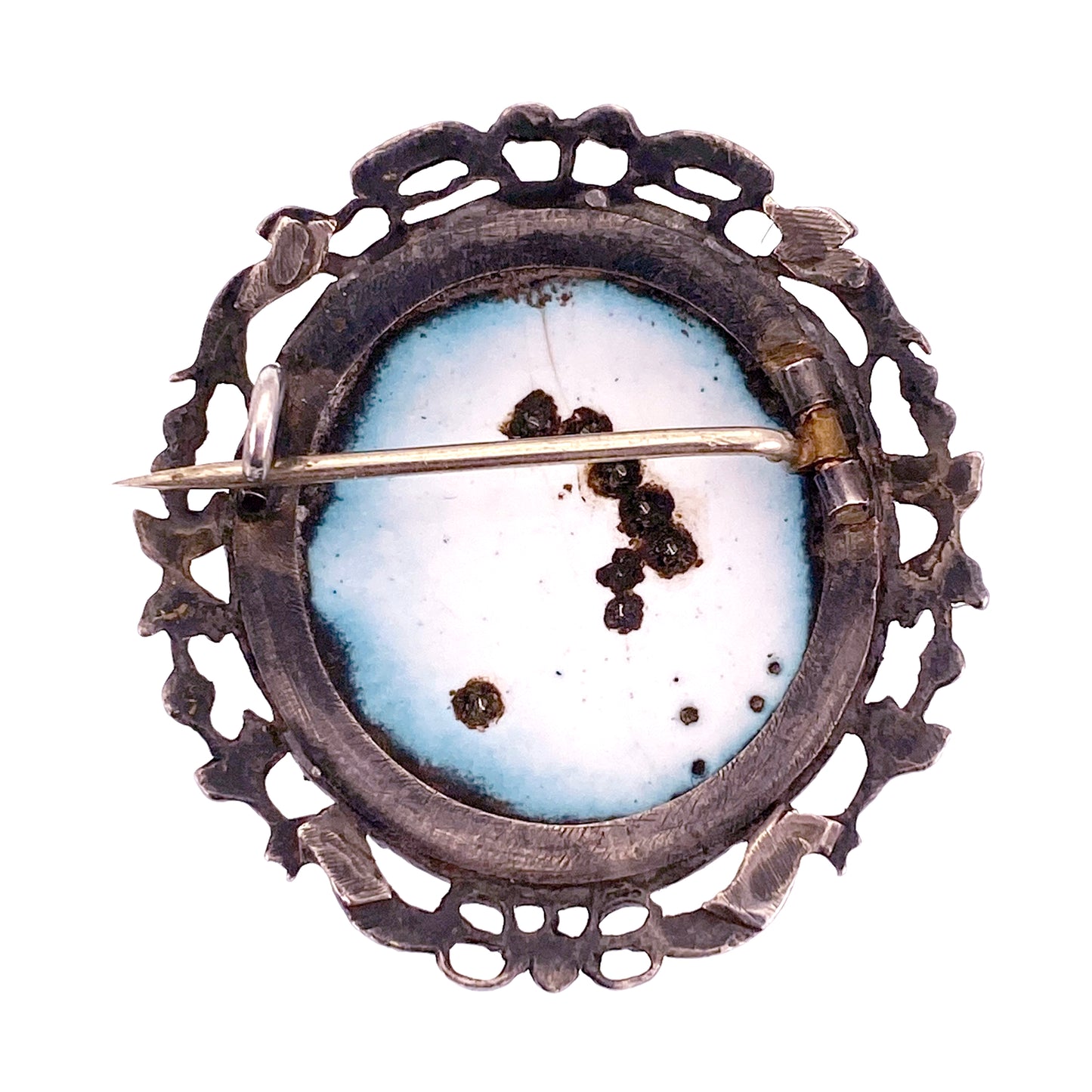 SOLD Antique French Silver, Rock Crystal & Painted Enamel Portrait Brooch