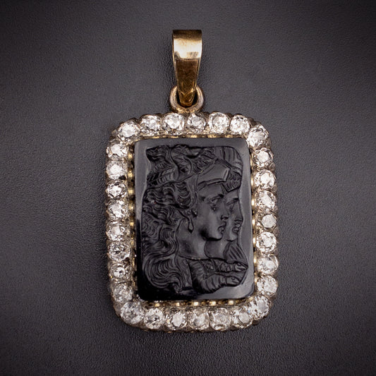 Sold Antique 14K, Diamond & Carved Carnelian Cameo Egyptian Revival Pendant K