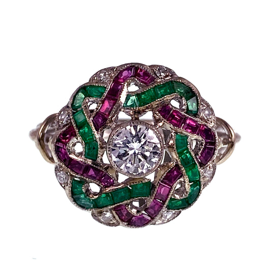 SOLD Vintage 18K, Diamond, Ruby & Emerald Cocktail Ring
