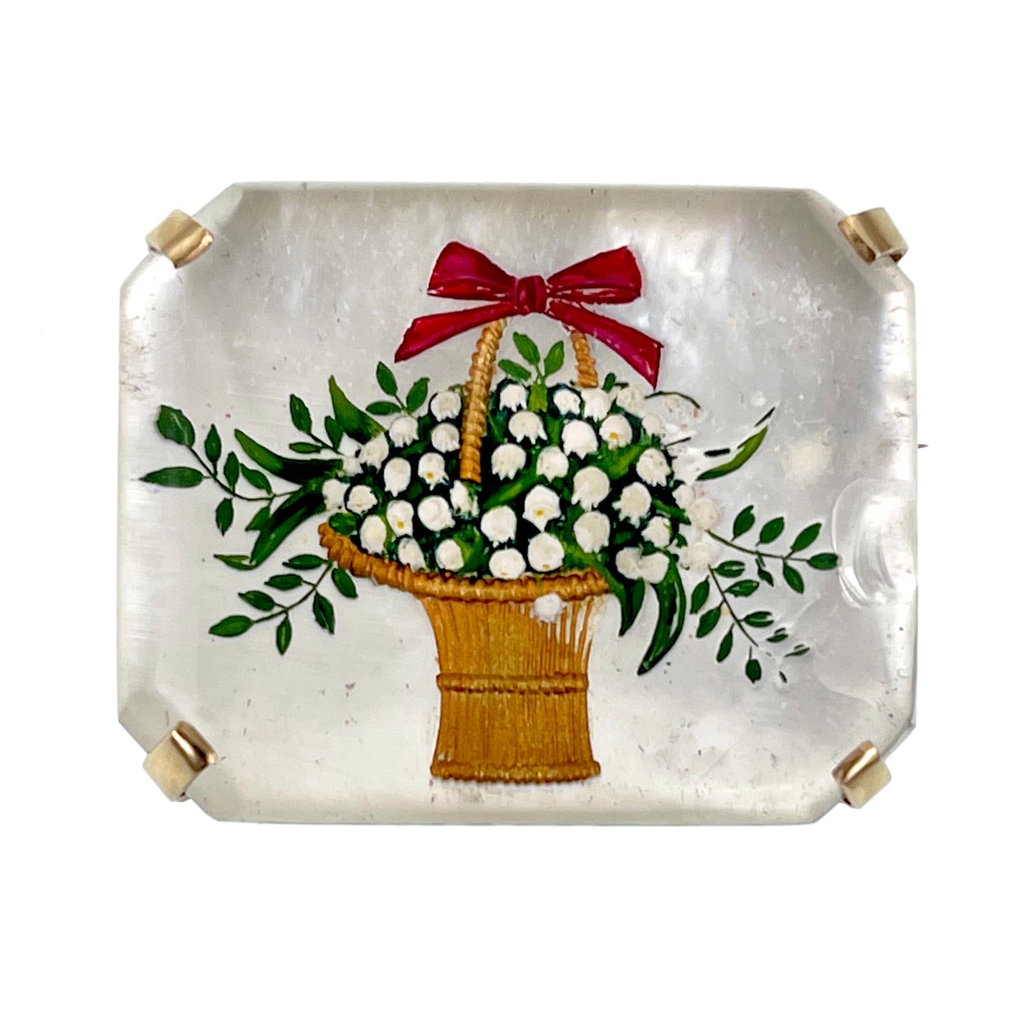 SOLD: Antique 14K, Mother Of Pearl & Hand Painted Essex Crystal Floral Brooch