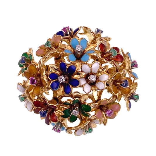 SOLD Vintage 18K, Diamond, Emerald, Sapphire & Enamel Brooch