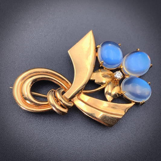 Sold Vintage Retro 14K, Diamond & Moonstone Floral Brooch