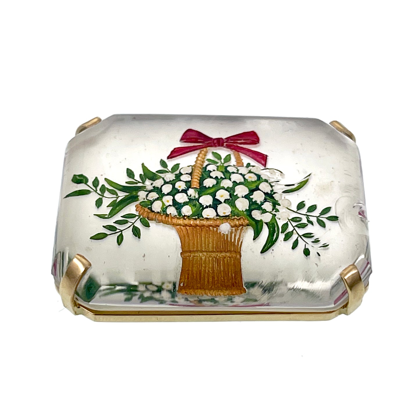 SOLD: Antique 14K, Mother Of Pearl & Hand Painted Essex Crystal Floral Brooch