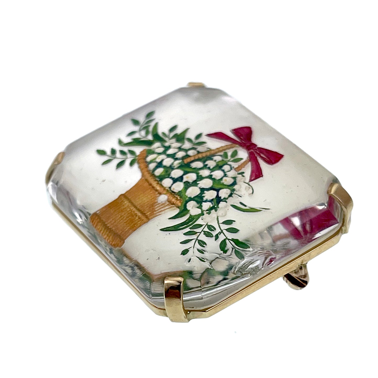 SOLD: Antique 14K, Mother Of Pearl & Hand Painted Essex Crystal Floral Brooch