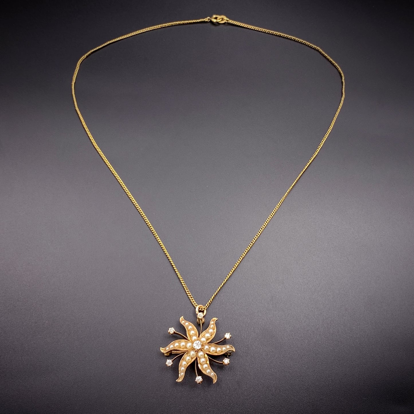Antique 14K, Diamond & Pearl Starburst Brooch/Pendant With 12K Gold Filled Chain