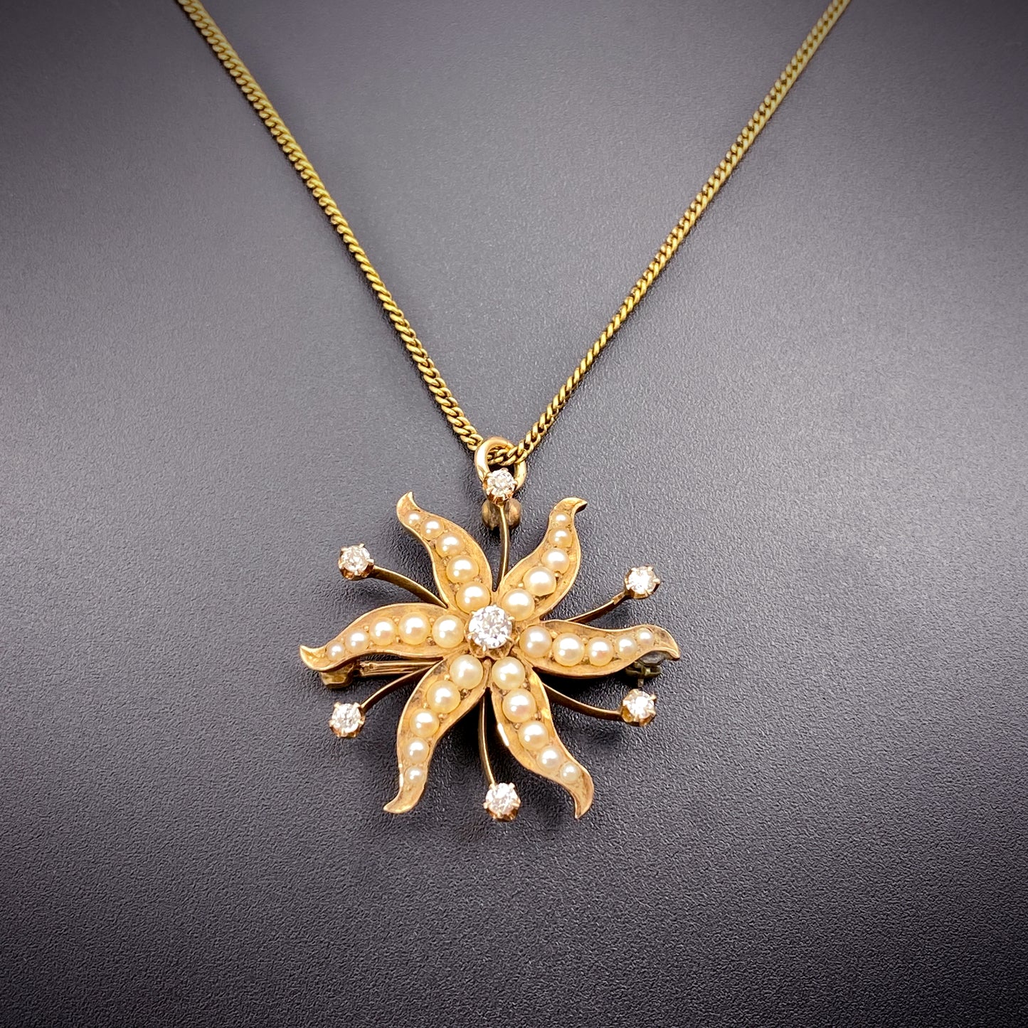 Antique 14K, Diamond & Pearl Starburst Brooch/Pendant With 12K Gold Filled Chain