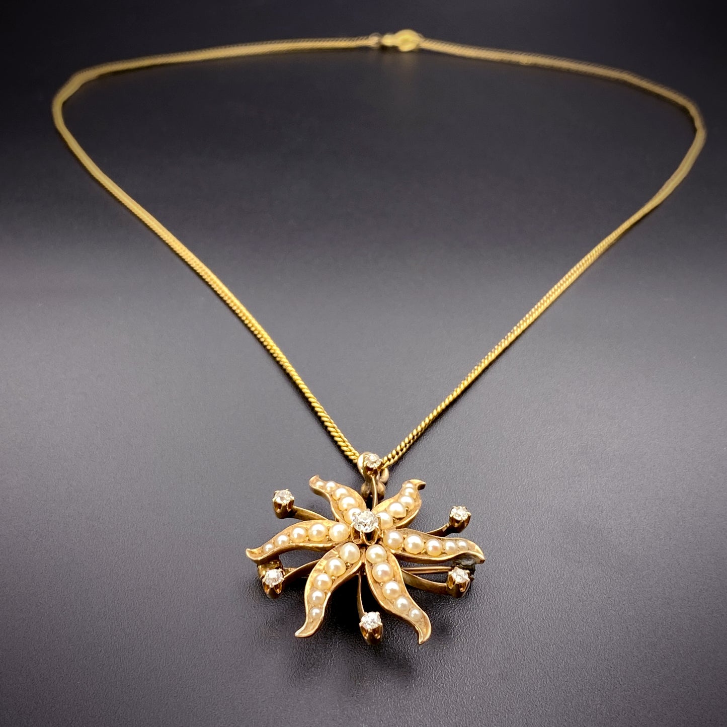 Antique 14K, Diamond & Pearl Starburst Brooch/Pendant With 12K Gold Filled Chain