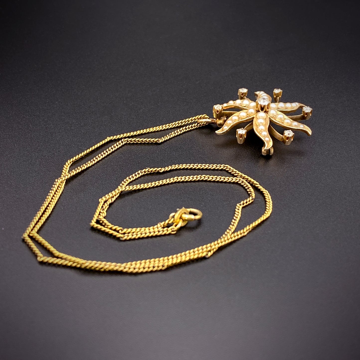 Antique 14K, Diamond & Pearl Starburst Brooch/Pendant With 12K Gold Filled Chain