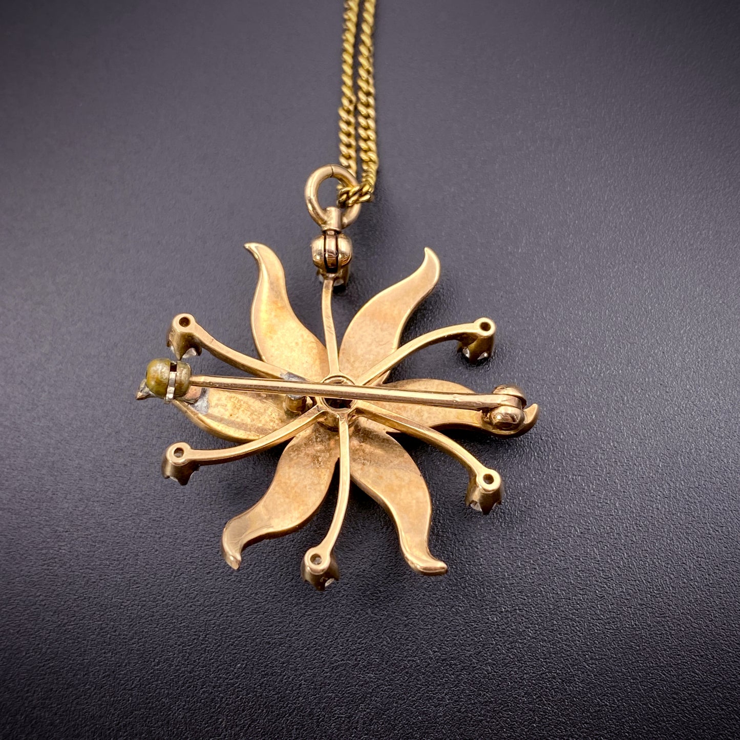 Antique 14K, Diamond & Pearl Starburst Brooch/Pendant With 12K Gold Filled Chain