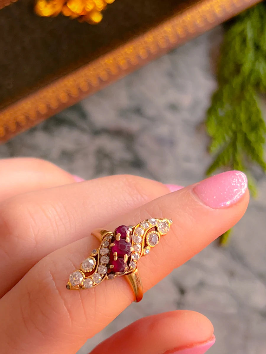 SOLD 18K, Diamond & Ruby Art Nouveau Navette Ring