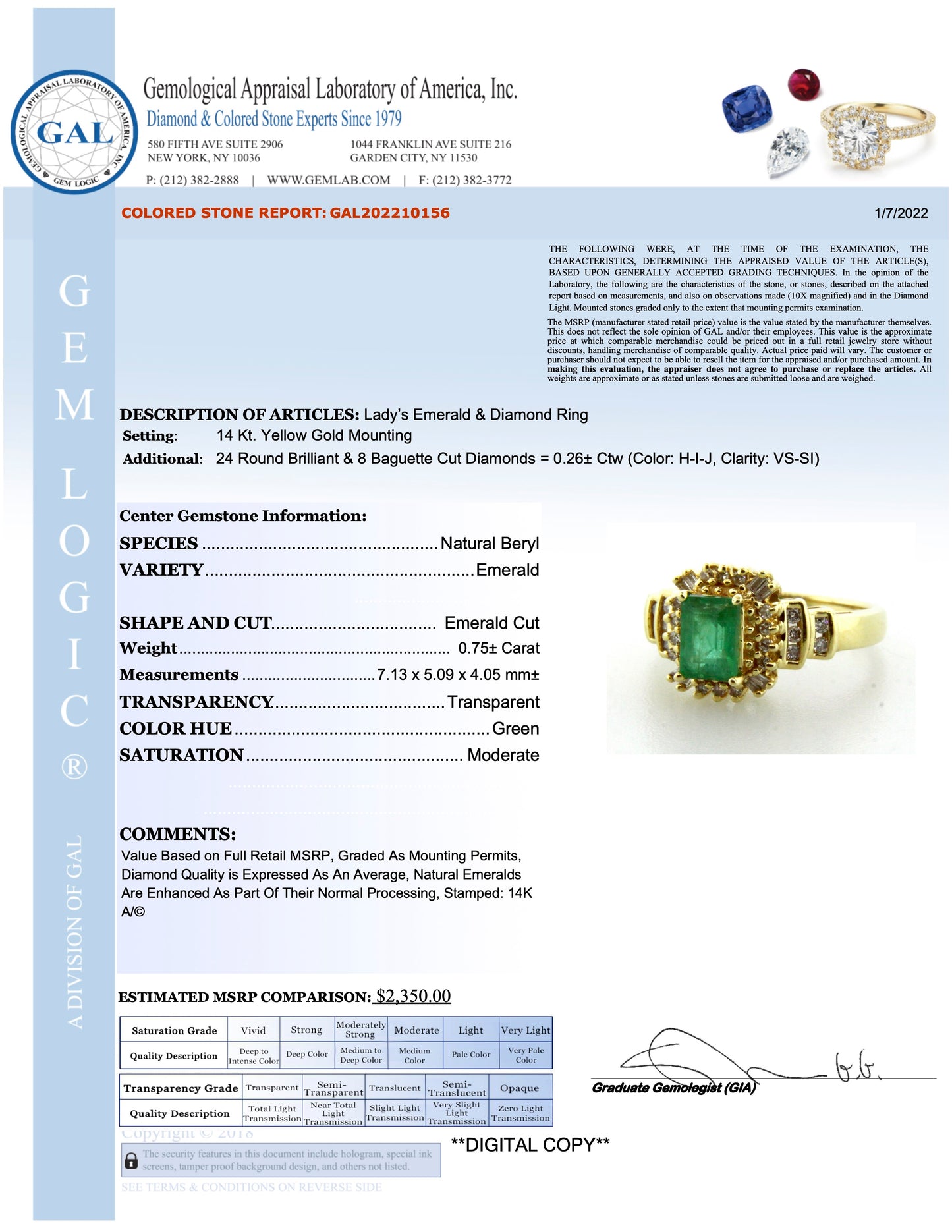 14K, Emerald & Diamond Ring