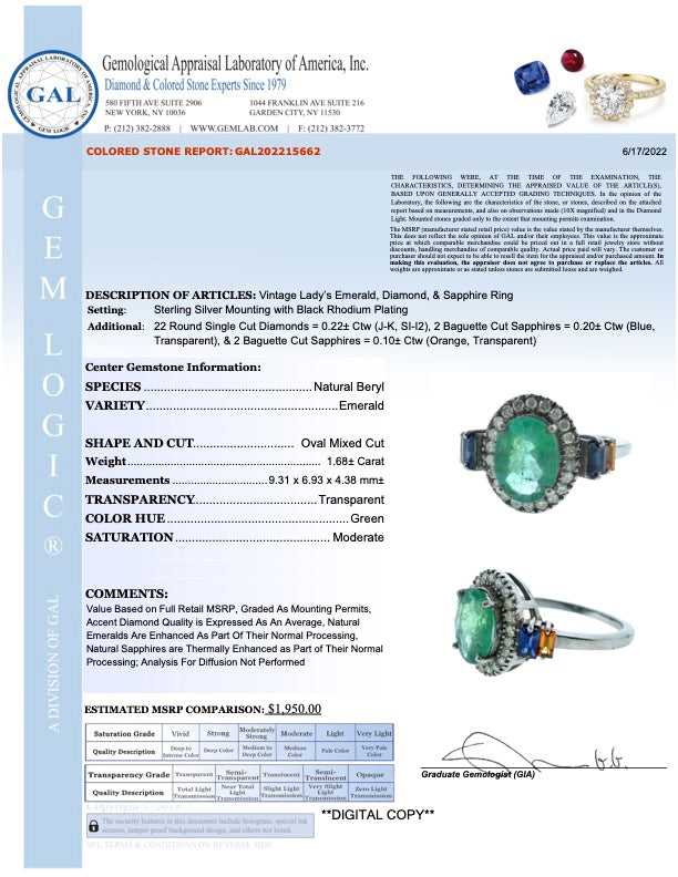 SOLD Silver, Emerald, Sapphire & Diamond Ring