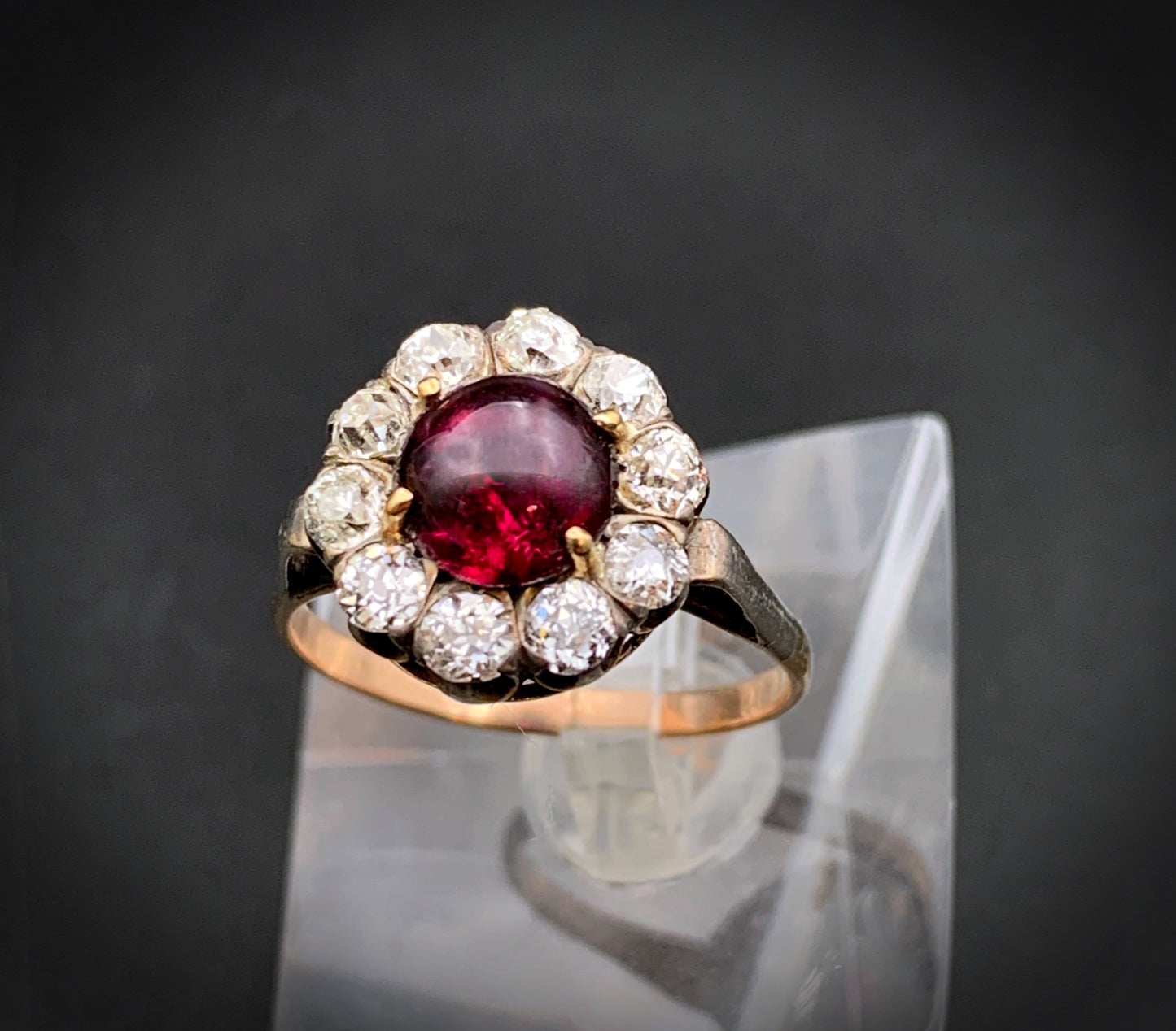 Antique 14K Gold Silver Diamond Almandine Garnet Cabochon Ring circa 1910-20