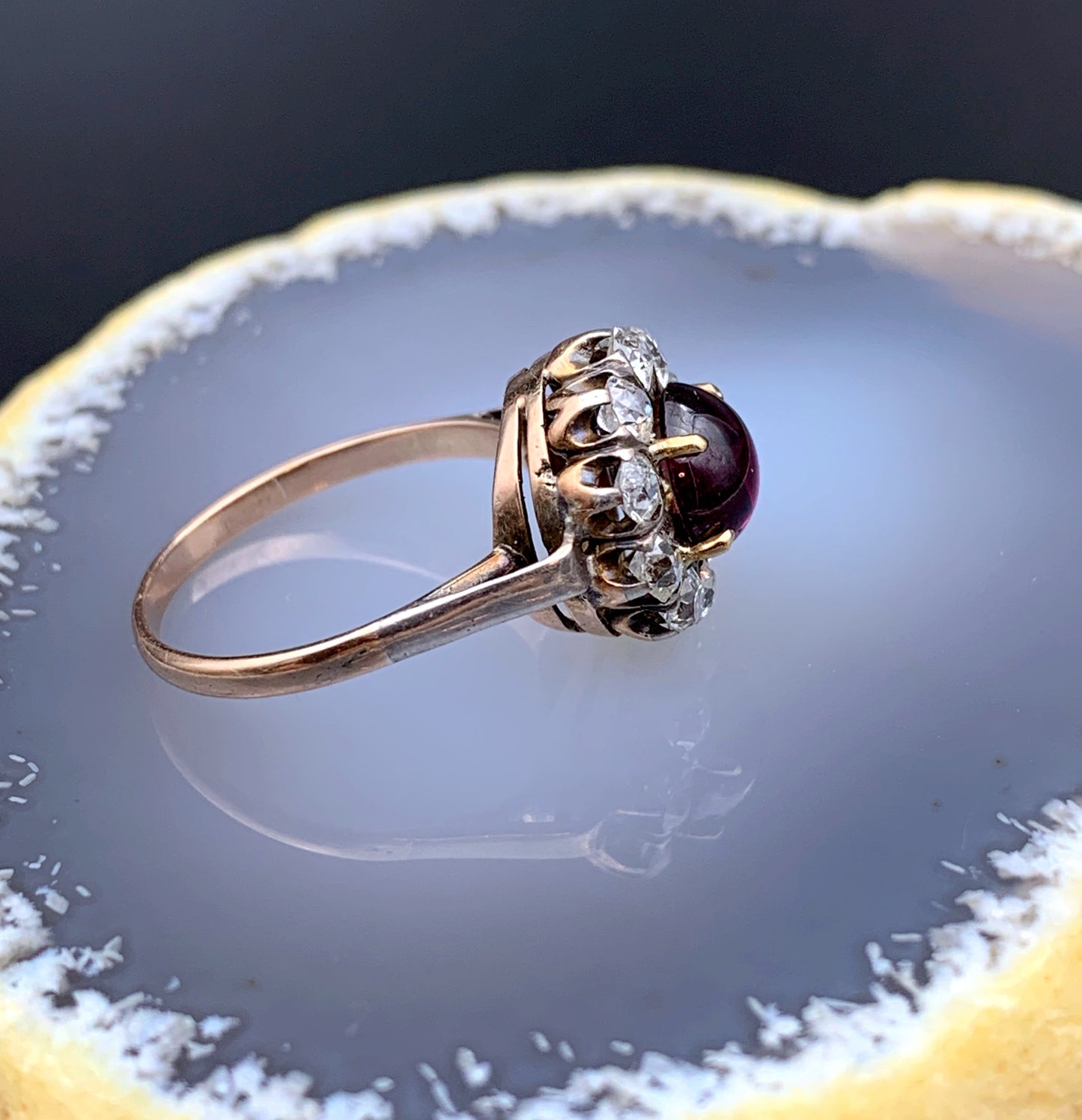 Antique 14K Gold Silver Diamond Almandine Garnet Cabochon Ring circa 1910-20