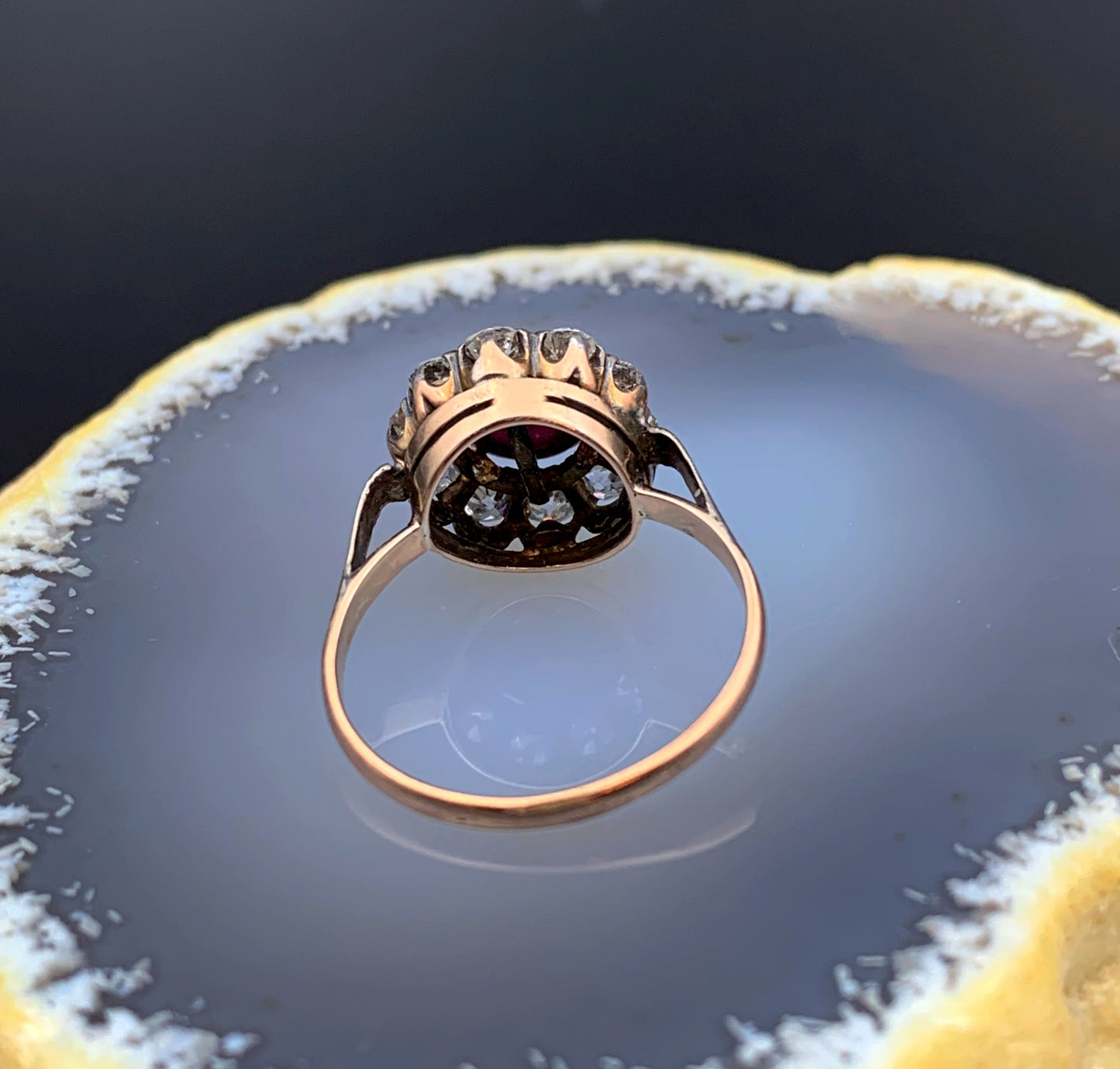 Antique 14K Gold Silver Diamond Almandine Garnet Cabochon Ring circa 1910-20