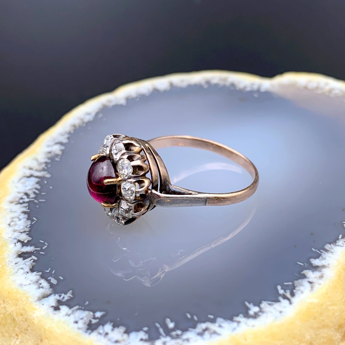 Antique 14K Gold Silver Diamond Almandine Garnet Cabochon Ring circa 1910-20