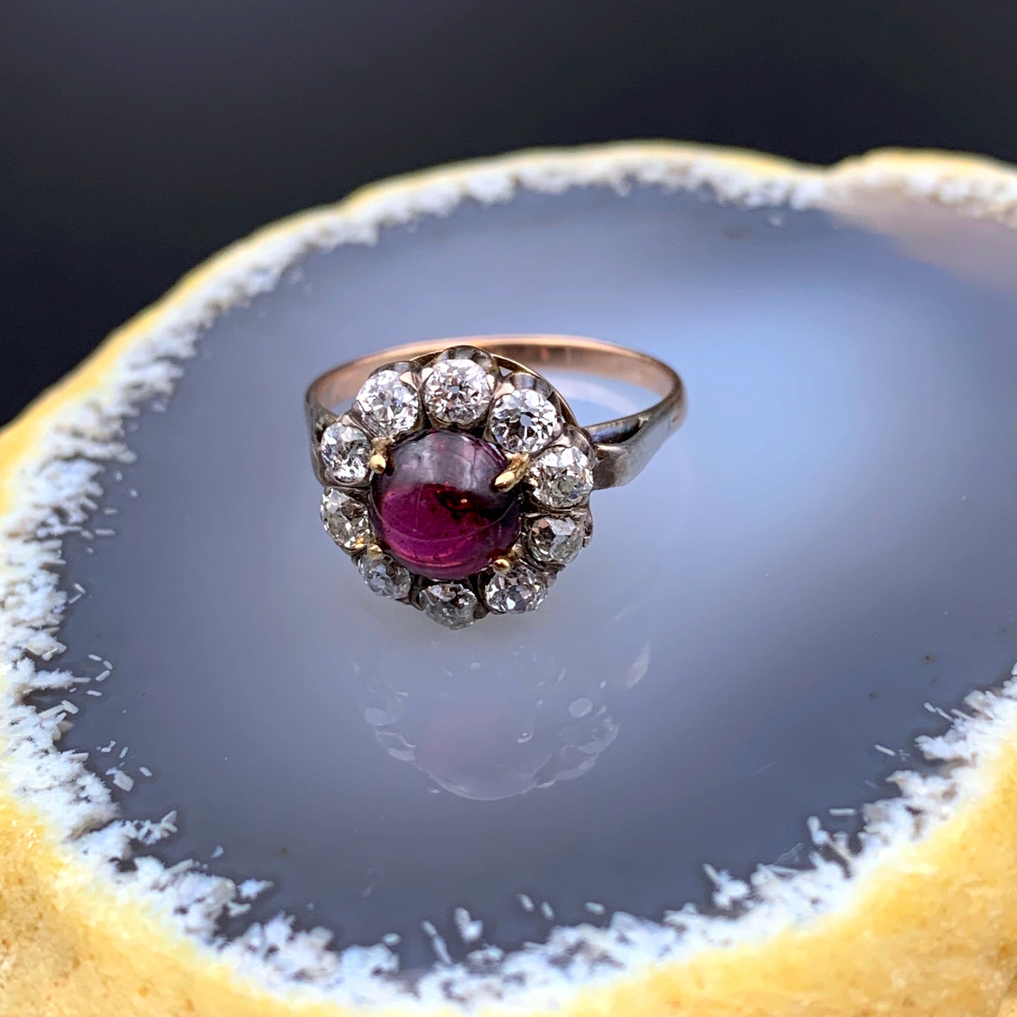 Antique 14K Gold Silver Diamond Almandine Garnet Cabochon Ring circa 1910-20