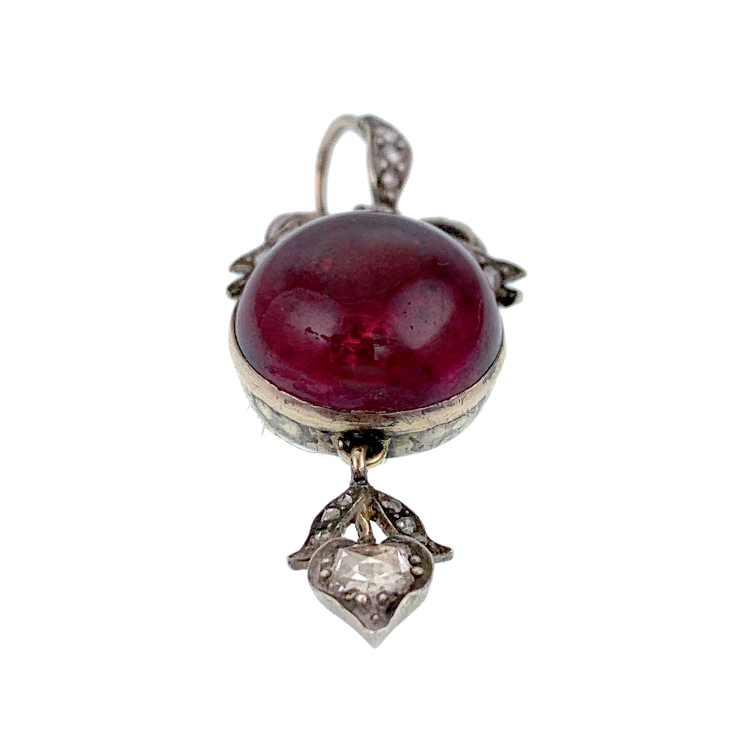 Sold Antique Silver& 9K Gold, Diamond, Foiled Garnet Locket Back Pendant W/Lock Of Hair