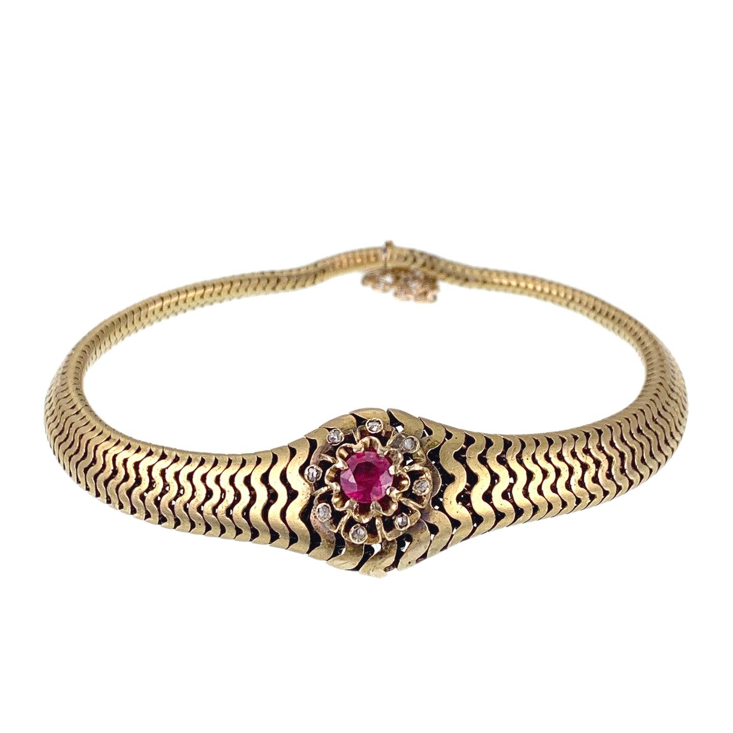 SOLD Antique Victorian 14K, Ruby & Diamond Serpentine Bracelet