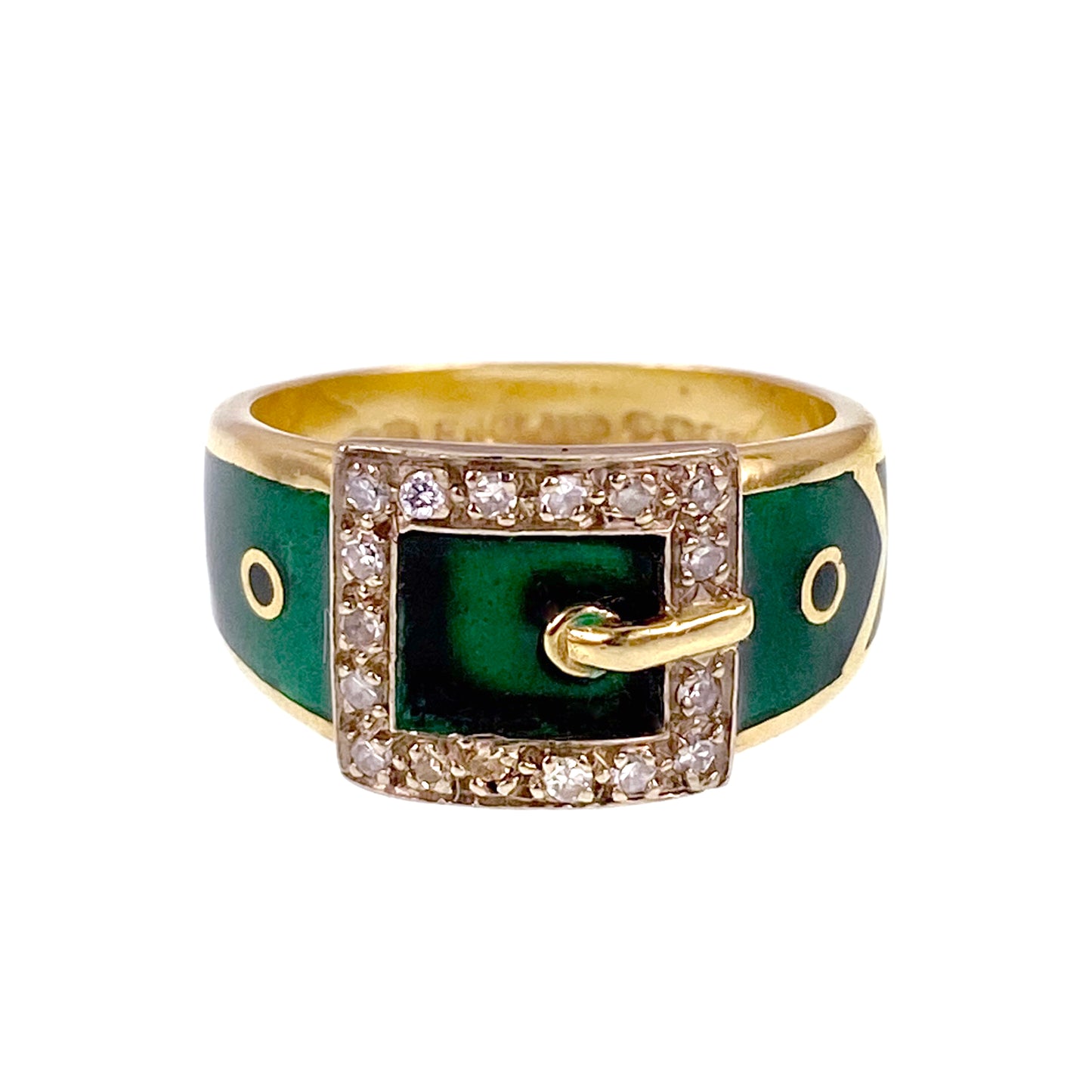 SOLD Vintage English 18K, Diamond & Enamel Buckle Ring