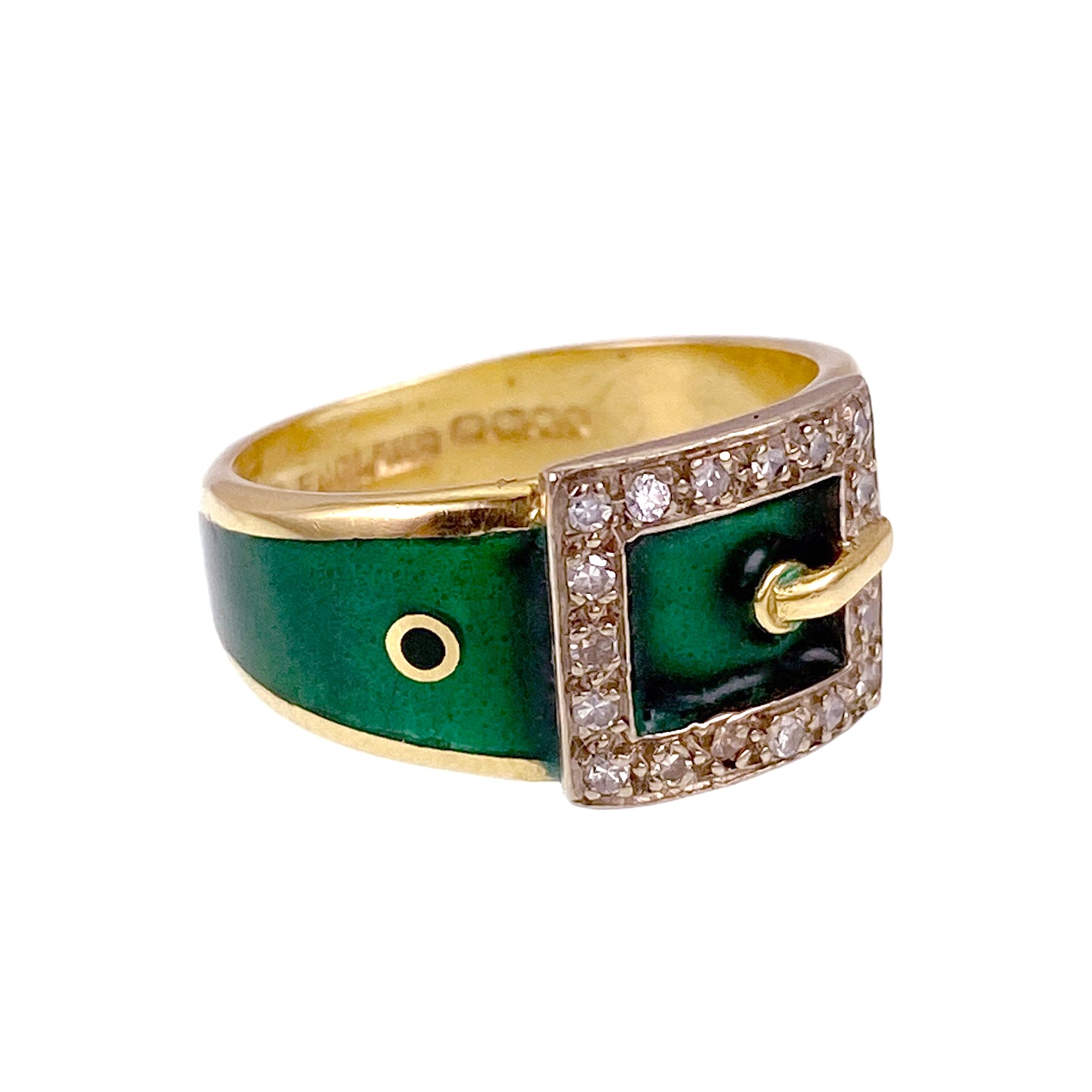 SOLD Vintage English 18K, Diamond & Enamel Buckle Ring