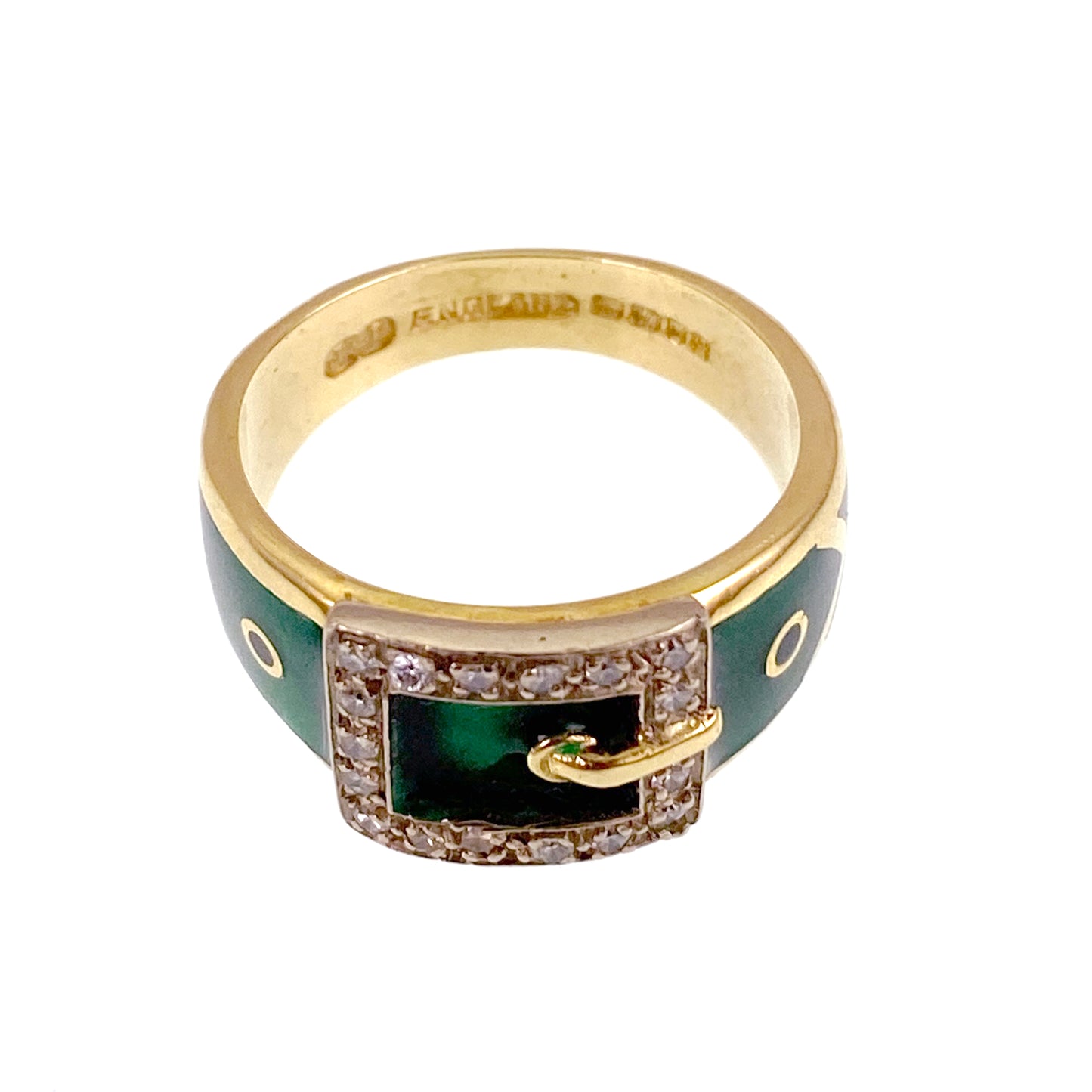 SOLD Vintage English 18K, Diamond & Enamel Buckle Ring