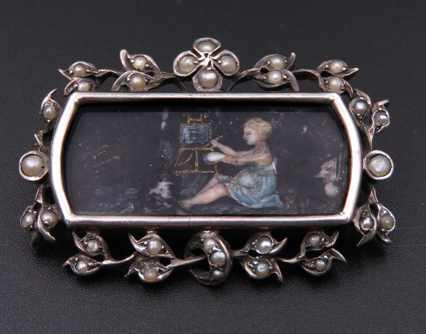 French Napoleon III Period Painted Portrait Silver and Pearl Brooch K