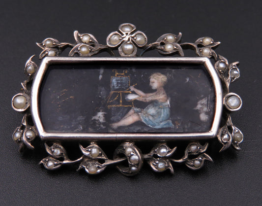 SOLD French Napoleon III Period Painted Portrait Silver and Pearl Brooch K