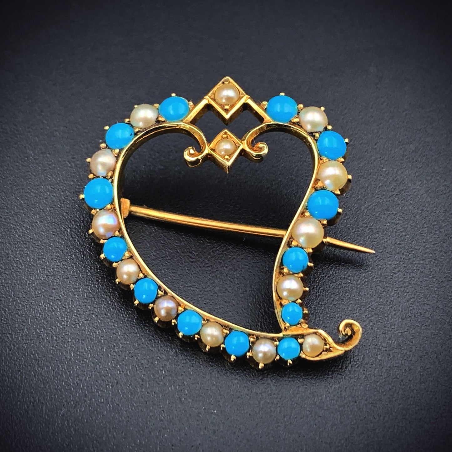 SOLD Antique 15K, Turquoise & Seed Pearl Witch's Heart Brooch K