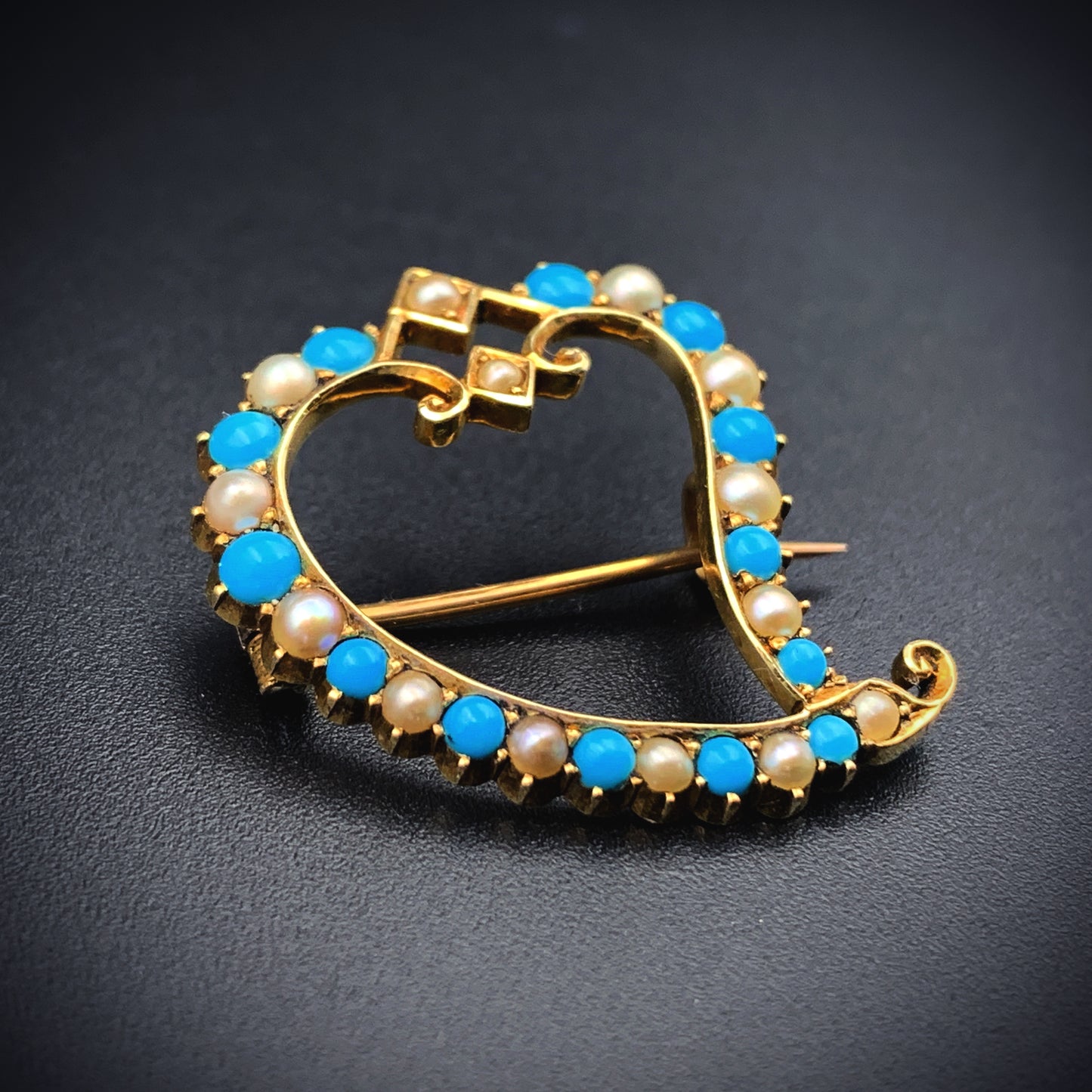 SOLD Antique 15K, Turquoise & Seed Pearl Witch's Heart Brooch K