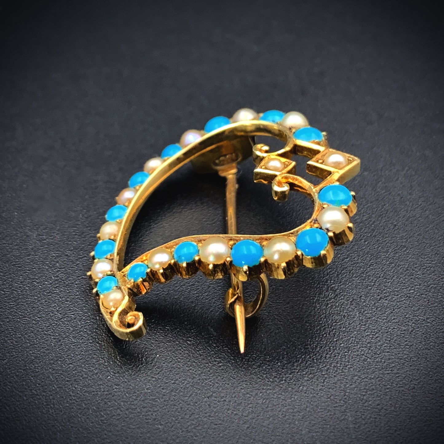 SOLD Antique 15K, Turquoise & Seed Pearl Witch's Heart Brooch K