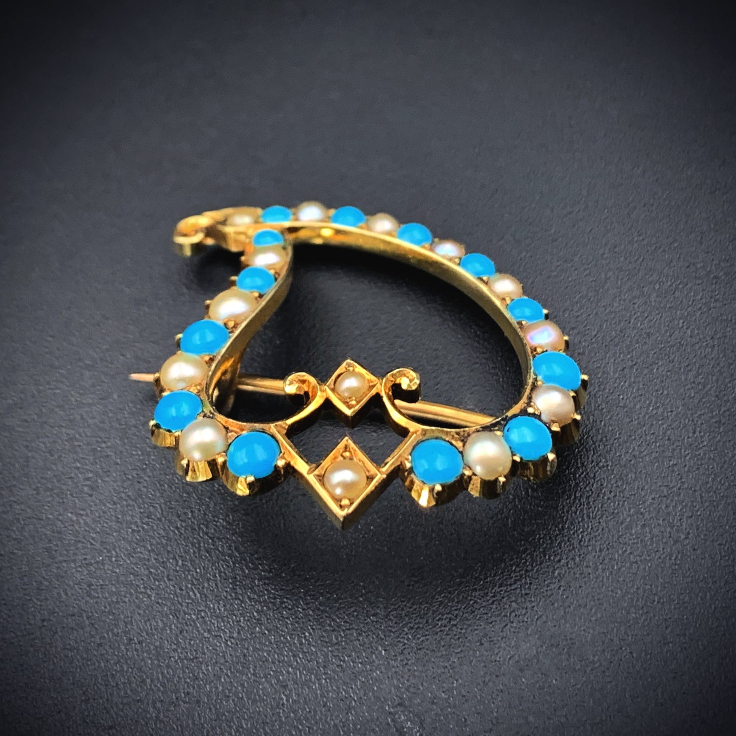 SOLD Antique 15K, Turquoise & Seed Pearl Witch's Heart Brooch K
