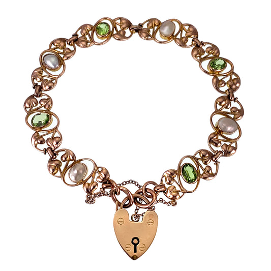 SOLD Antique 9K, Peridot & Pearl Heart Padlock Gate Bracelet