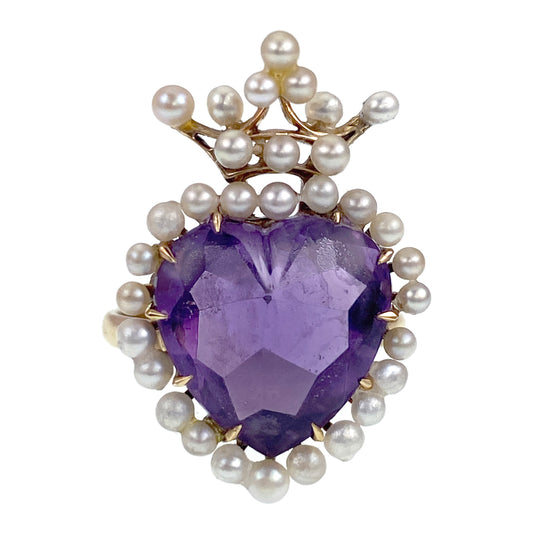SOLD Antique 14K, Amethyst & Seed Pearl Heart/Crown Conversion Ring K