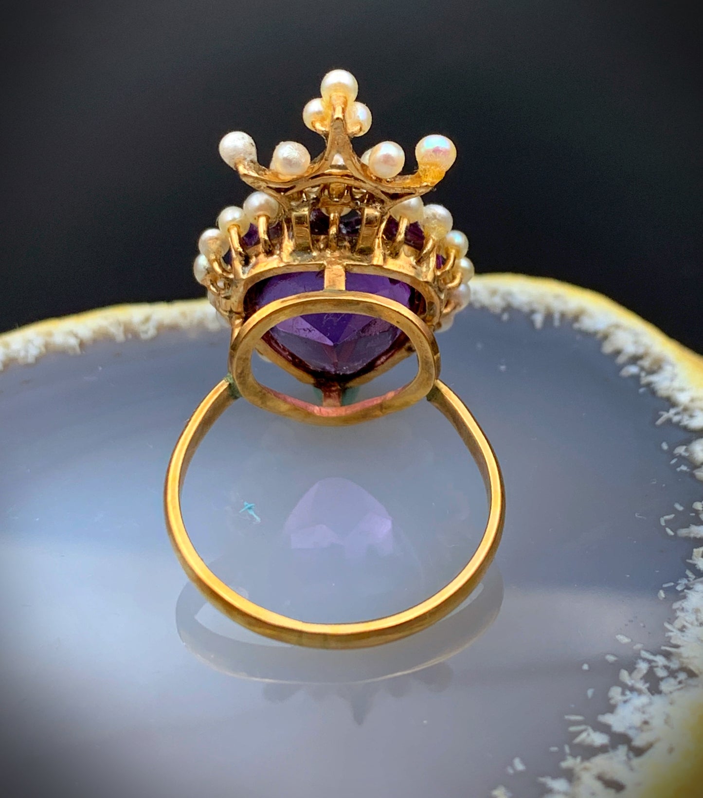 SOLD Antique 14K, Amethyst & Seed Pearl Heart/Crown Conversion Ring K